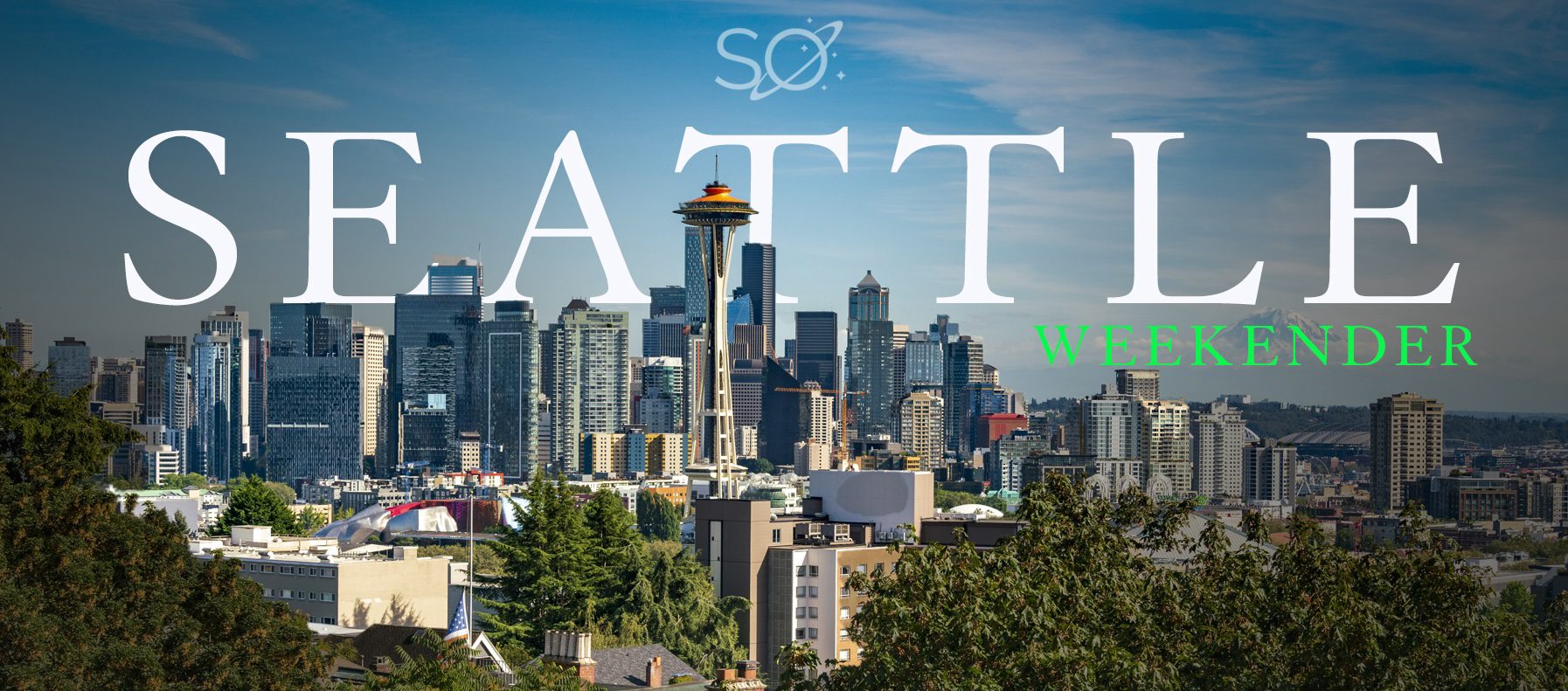 View of Seattle skyline with Mount Rainier and Needle from Kerry Park viewpoint in the afternoon